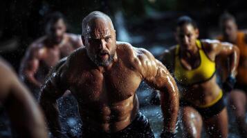 A man with a beard and bald head is running in the rain with other people photo