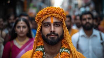 A man wearing a yellow headdress and orange garland stands in front of a crowd photo