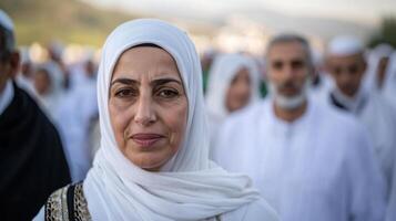 A woman wearing a white head scarf stands in front of a crowd of people photo