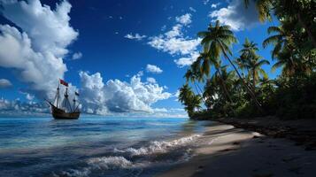 A sailboat on the beach near palm trees photo