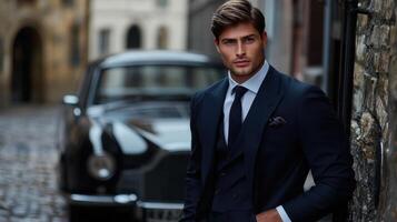 A man in a suit leaning against a car photo