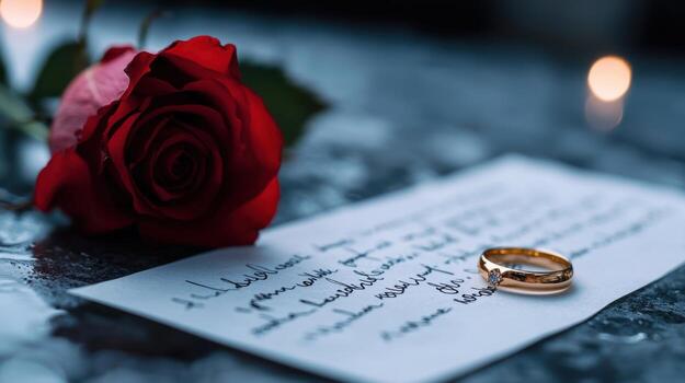 A red rose is on top of a piece of paper with a ring on it photo