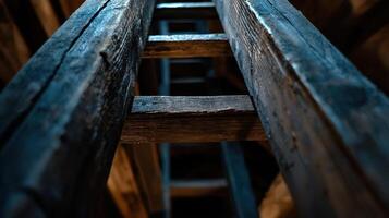 A close up of a wooden ladder with a dark blue hue photo