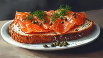 A plate of salmon with a side of bread and a few olives photo