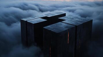 A cube is shown in the sky with a cloudy background photo
