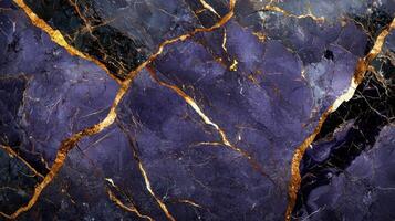 A piece of purple and gold marble with a crack in it photo