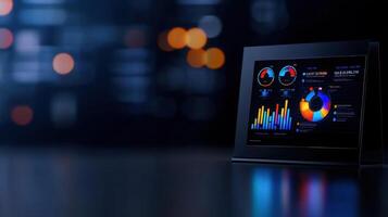 A computer monitor displays a colorful graph with a black frame photo