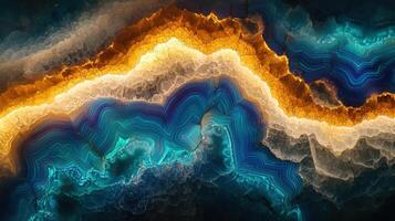 Swirling patterns of deep ocean blue and bright orange create an abstract representation of mineral textures. The interplay of colors suggests natural formations, evoking a sense of depth photo