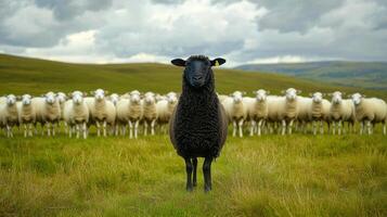 A distinctive black sheep confidently stands in front of a group of white sheep in a lush green pasture. The cloudy sky adds a dramatic backdrop to this serene rural scene photo