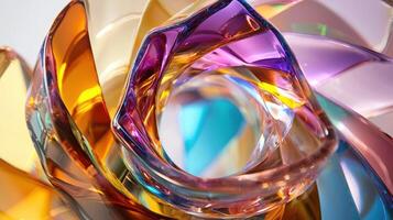 A vibrant glass sculpture captures attention with its swirling, multi-colored forms. The intricate design highlights craftsmanship, reflecting light elegantly and creating dynamic patterns photo