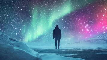 A lone figure stands on a snowy terrain, captivated by the vibrant display of the northern lights illuminating the night sky with hues of green and pink photo