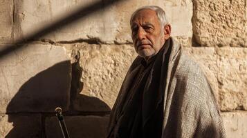 An elderly man with a contemplative expression stands near a textured stone wall, wrapped in traditional clothing under soft afternoon sunlight, suggesting a serene moment photo