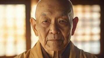 An elderly monk gazes directly at the viewer, exuding wisdom and serenity. Soft light filters through the window, illuminating his calm demeanor in a peaceful temple photo