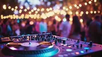A lively outdoor event showcases a DJ console with records spinning, surrounded by colorful lights and guests dancing, creating an energetic evening atmosphere photo