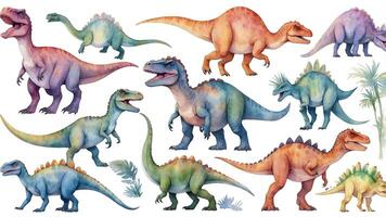 Colorful illustrations of various dinosaur species in a prehistoric setting with lush vegetation photo