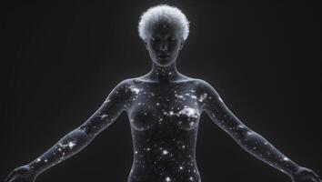 Ethereal figure illuminated by cosmic patterns in a dark environment, showcasing the blend of humanity and the universe photo