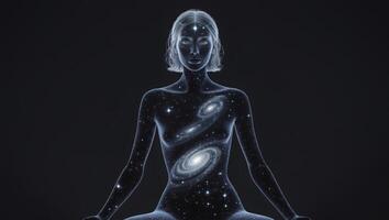 Cosmic figure meditating with galaxies and stars illuminated against a dark background photo