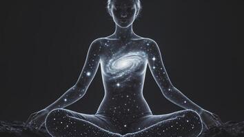Meditating figure surrounded by cosmic elements representing the universe and inner peace in a mystical setting photo