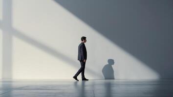 Man walking in a minimalist space with dramatic light and shadow during the afternoon photo