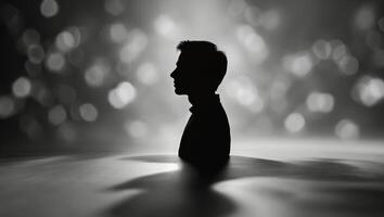 Silhouette of a person emerging from water with a dreamy background of shimmering lights at twilight photo