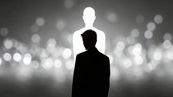 Silhouette of a man facing a glowing figure in a blurred light background at night photo