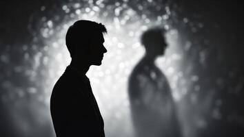 Silhouette of a person standing against a soft, illuminated background with a shadowy figure behind photo