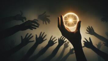 Captivating hands reach towards a glowing orb in a dark setting, symbolizing longing and curiosity photo