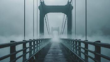 Fog engulfs a suspension bridge creating a mysterious atmosphere at dawn photo