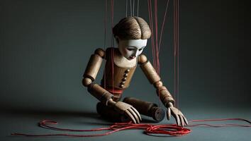 Wooden puppet sits on the floor, surrounded by strings, in a dimly lit space with a dramatic focus on craftsmanship and detail photo