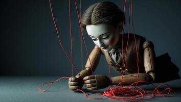 Wooden puppet sits at a table tangled in red strings in a dimly lit room photo
