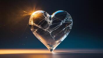 Heart-shaped crystal with intricate cracks illuminated by warm light against a dark background photo
