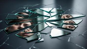 Reflections of self in shattered glass evoke thoughts of identity and perception in a dimly lit space photo