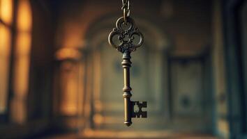Intricately designed vintage key suspended in a dimly lit historic environment with soft focus on the background photo