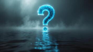 Mysterious glowing question mark rises from calm waters during foggy twilight photo