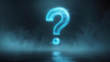 Mysterious glowing question mark floating above a dark reflective surface in a foggy environment at night photo