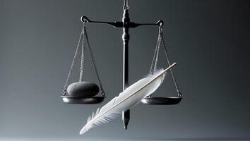 Balancing justice with a feather and stone in a monochrome setting photo