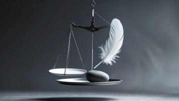 Balance between weight and lightness exemplified by stone and feather on scales in monochromatic setting photo