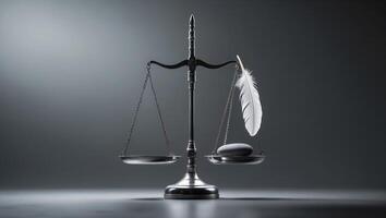 Balancing justice with a feather and a stone in a minimalist setting during low light conditions photo
