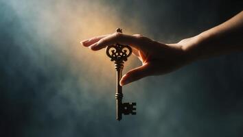 Hand holding a vintage key against a misty background with dramatic lighting highlighting its intricate design photo
