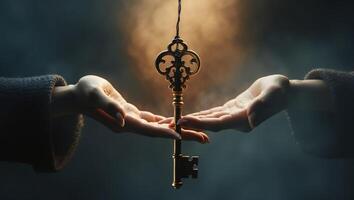 Intricate key exchanged between hands in a mystical atmosphere with dramatic lighting creating an enchanting effect photo