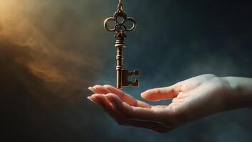 Hand reaches for an antique key illuminated by dramatic lighting in a mysterious setting photo