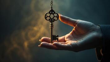 Intricate key held delicately in hand amidst a mystic, illuminated background setting the tone for discovery and adventure photo