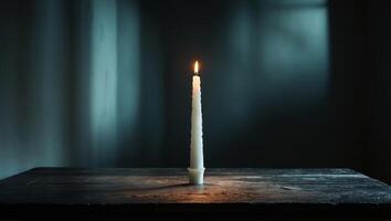 Candle flickering in a dimly lit room creating a calm and serene atmosphere during the evening hours photo