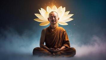 Meditating monk surrounded by a large lotus flower in a serene atmosphere during dusk photo