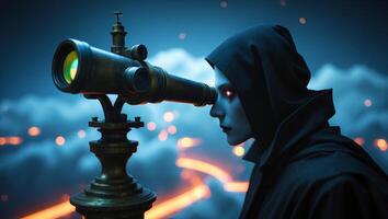 Mystical figure observing the night sky through a vintage telescope in a surreal landscape filled with clouds photo