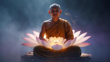 Monk meditating in the glow of a lotus flower surrounded by tranquil mist photo