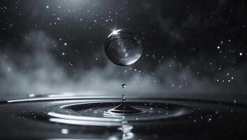 Droplet causes ripples on dark reflective surface, capturing light in mesmerizing detail during tranquil moment photo
