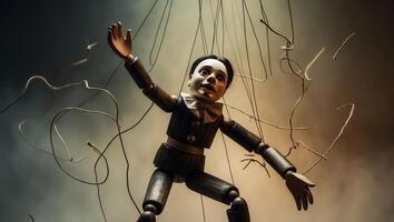 Puppet struggles against tangled strings in dramatic lighting during performance photo