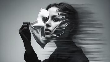 Artistic expression with a mask in a surreal black and white setting photo
