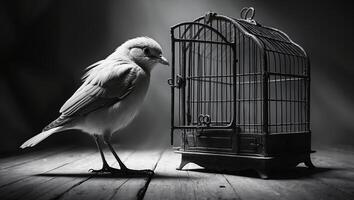 Bird approaches an empty vintage cage while light filters through in a moody black and white setting photo